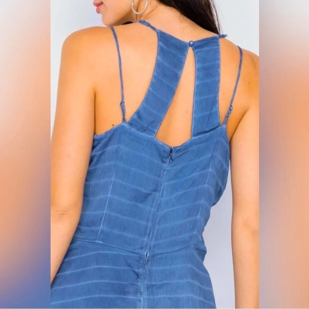 Hummingbird Indigo Blue Contrast Stripes Sheer Flare Leg Jumpsuit